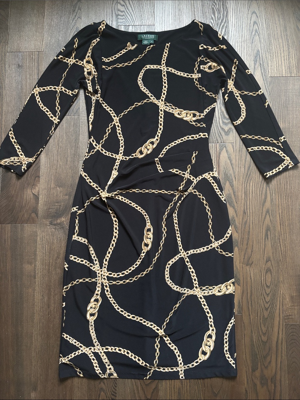 Lauren Ralph Lauren Ruched Boatneck Sheath Dress Black Gold Chain Print 4